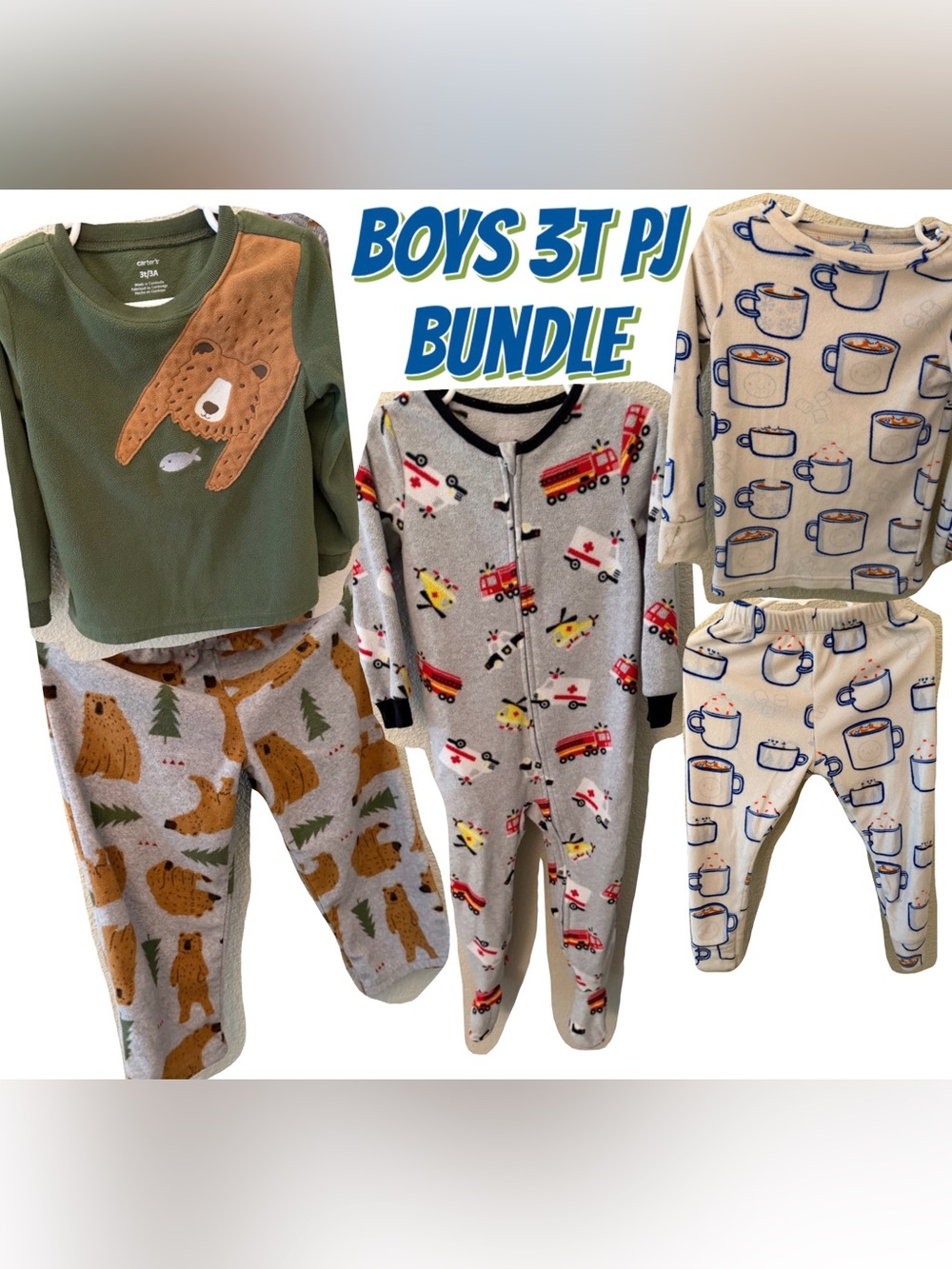 Boys 3T Fleece Winter Pajamas-Carter's Bears, Cat & Jack Cocoa, Firetruck